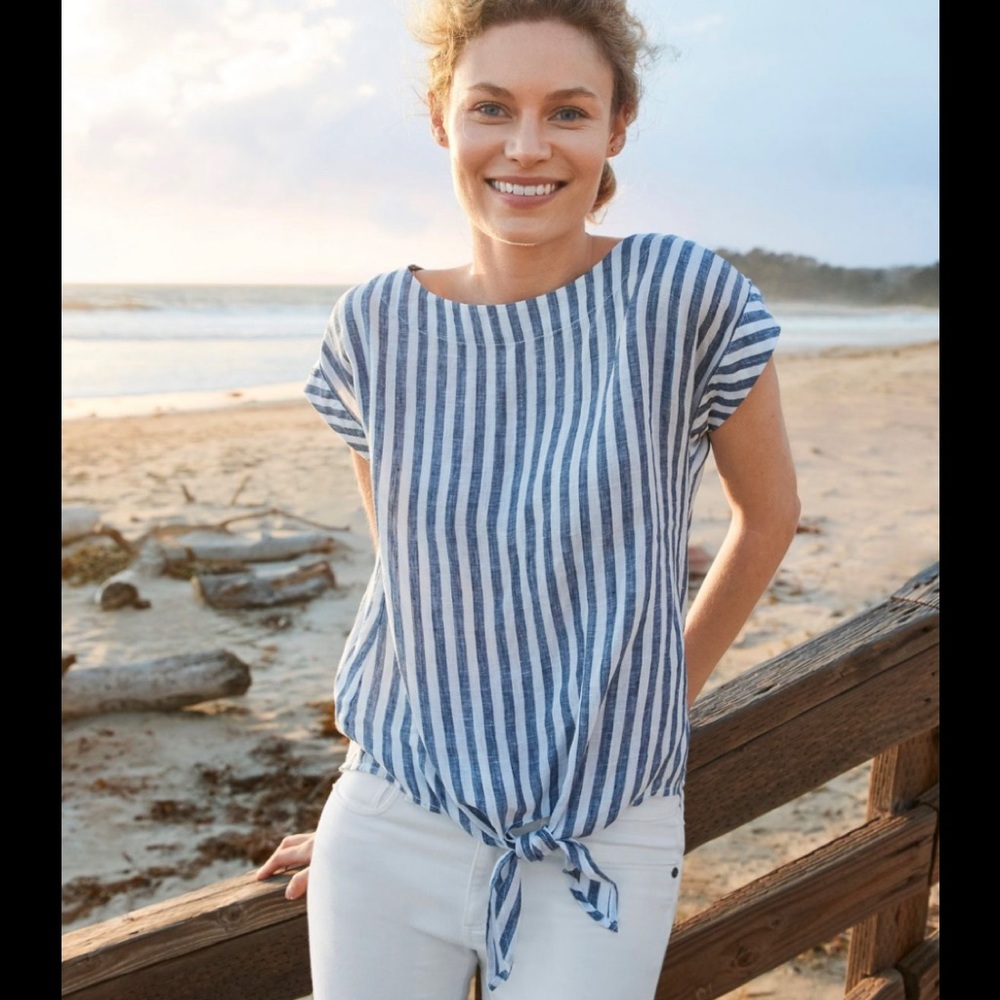 NWT L.L. Bean Signature Front-Tie Linen Top L